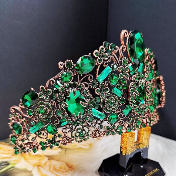 Vintage Handmade Crown, Emerald Crystal Crown, Victorian Tiara, Copper Crown main image 9
